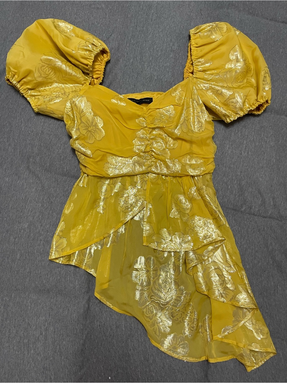 House of Harlow 1960 Gold-Accent Yellow Puff Sleeve Asymmetric Top